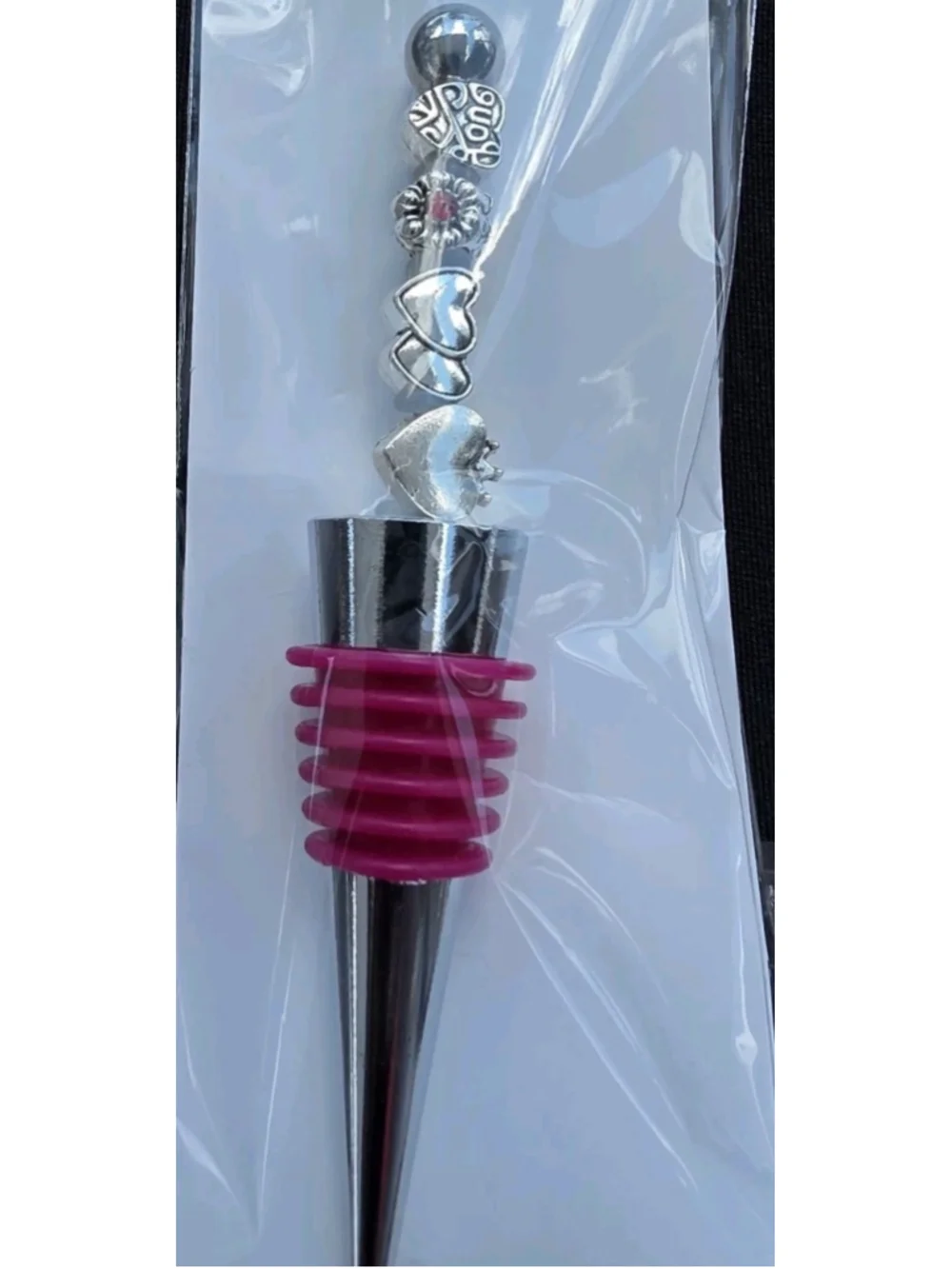 Handcrafted Silver Tone Heart Bottle Stopper w/ Pink Rubber Cork Plug, Reusable